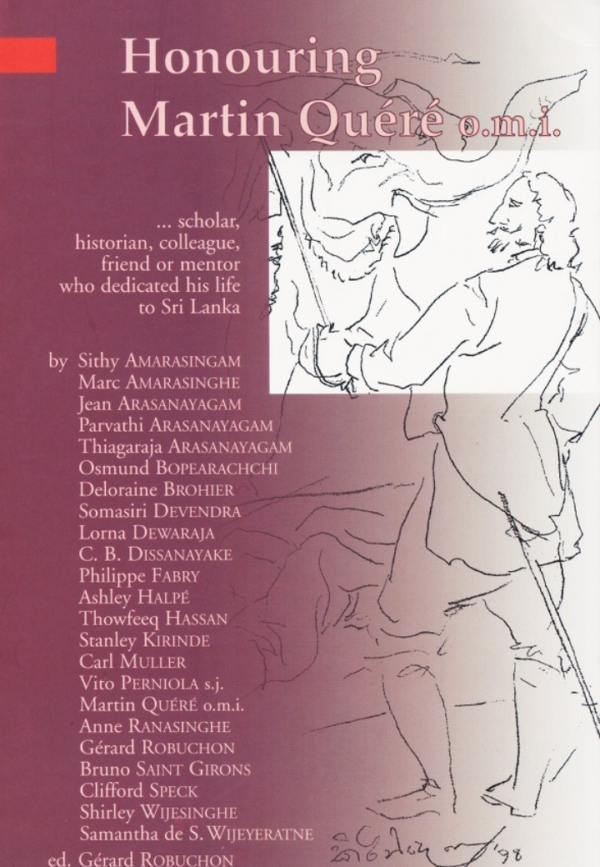 Cover of a tribute book titled "Honouring Martin Queré o.m.i." featuring a sketch and names of contributors celebrating his dedication to Sri Lanka.
