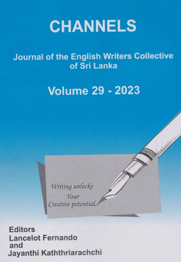 Cover of "Channels," a Sri Lankan writers' journal, Volume 29 (2023), featuring a pen and the tagline: "Writing unlocks your creative potential."