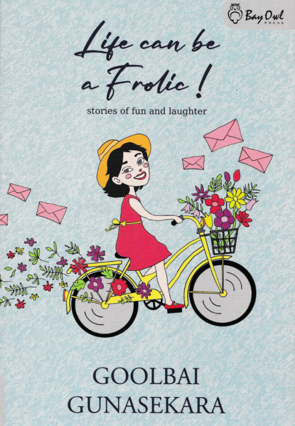 A cheerful woman rides a yellow bicycle adorned with flowers, surrounded by pink envelopes, representing joy and fun stories.